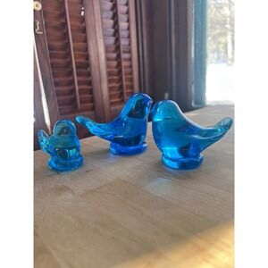 Leo Ward 1987 Bluebird of Happiness Art Glass Figurine Set 3pc Blue Vintage MCM